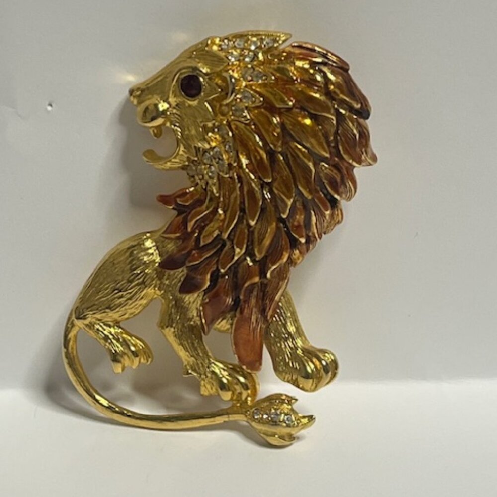 VTG Graziano Signed Crystal Rhinestone Enameled Lion Figural 1998 Brooch 2"x3"
